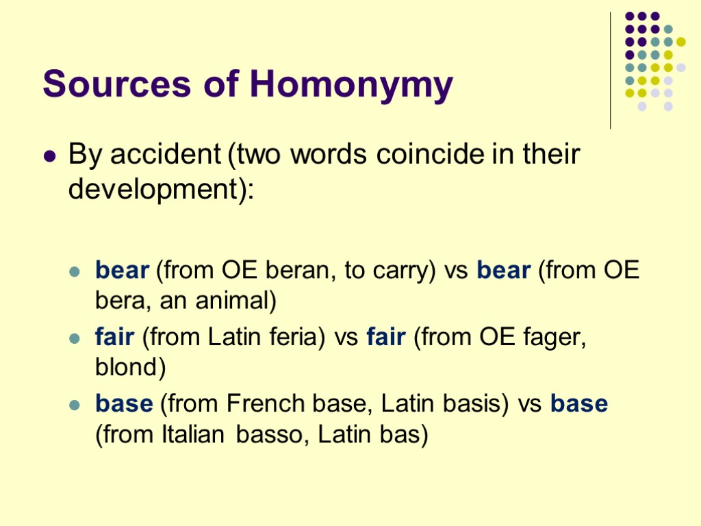 Sources of Homonymy By accident (two words coincide in their development): bear (from OE
